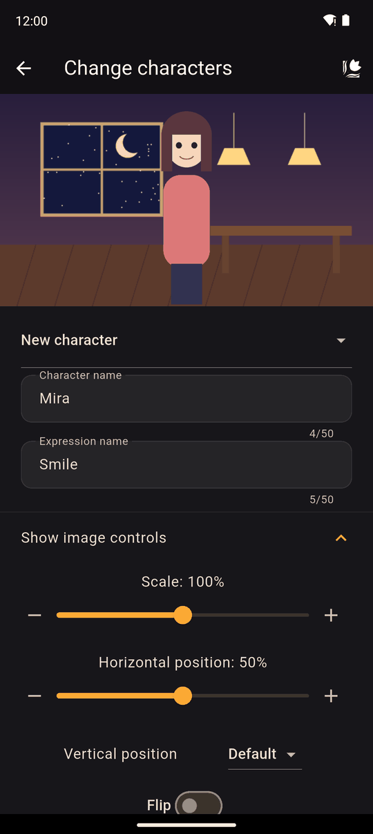画像コントロール付きのキャラクターアクションフォーム