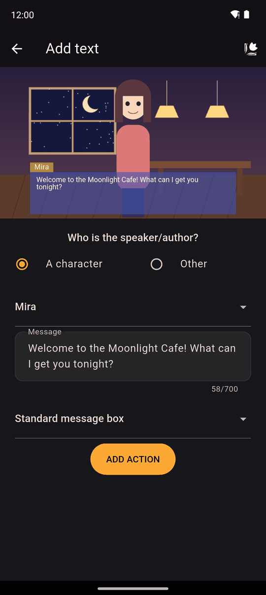 The Text action form