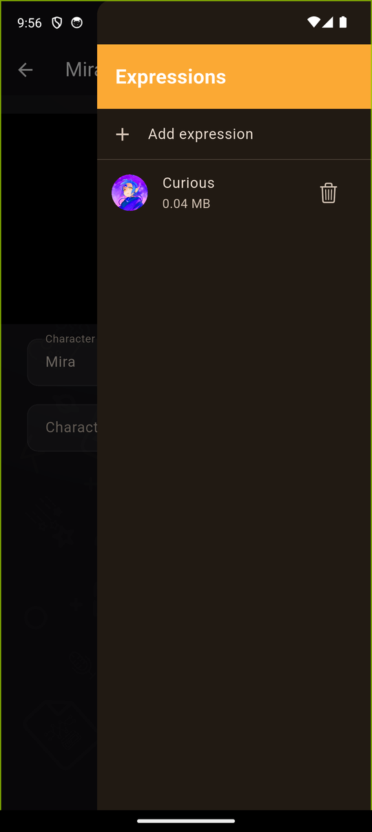 A lista de expressões de um personagem