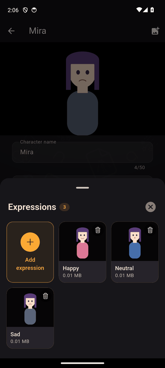 A character's expressions