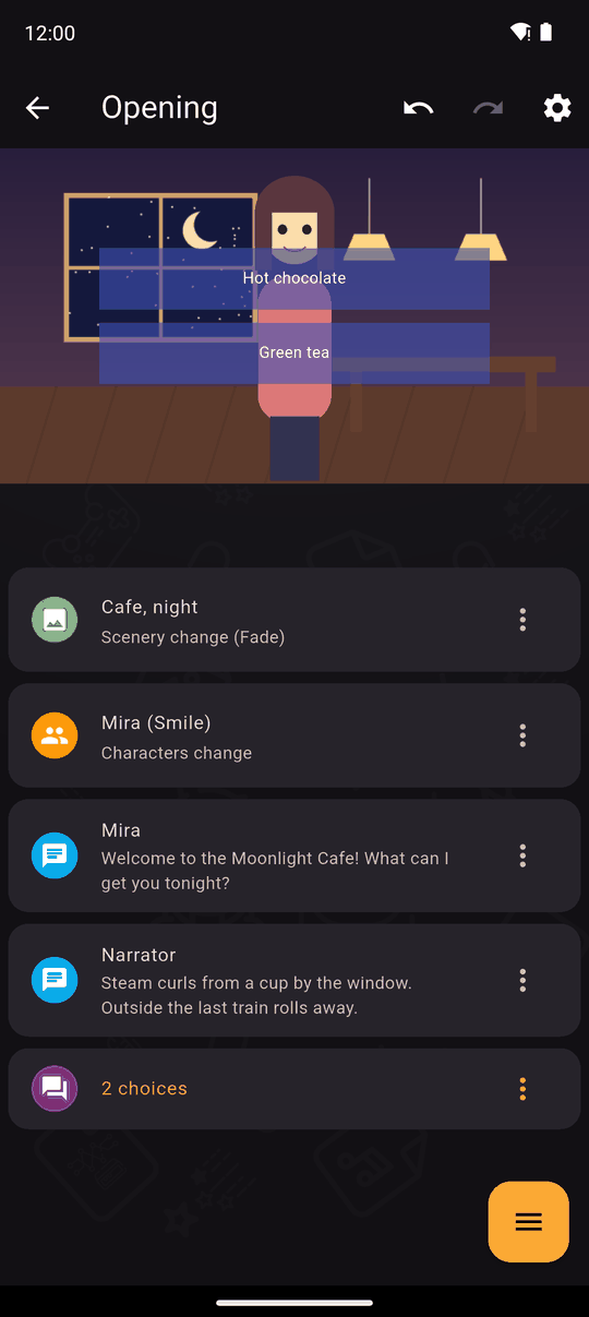 The scene editor: preview on top, actions below